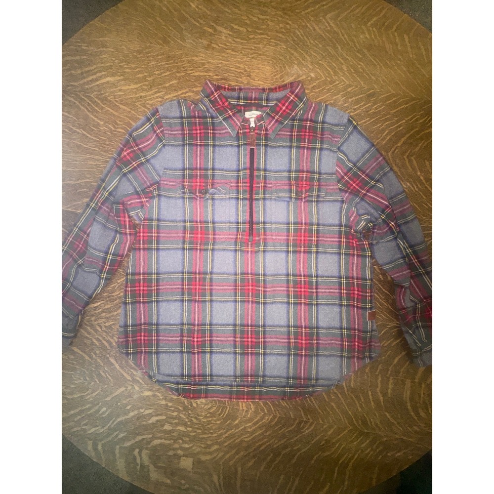 L.L.Bean Womens Scotch Plaid Flannel Half Zip Popover Grey Stewart L Petite